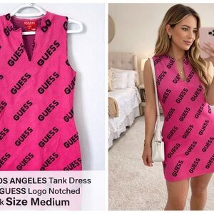GUESS Hot Pink Logo Notched Tank Mini Dress